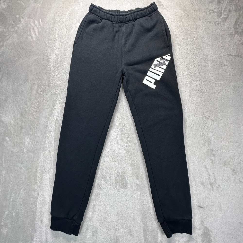 Puma Jogger Sweatpants Boys Large 14/16 Black Logo Fleece Lined Tapered Leg Pant